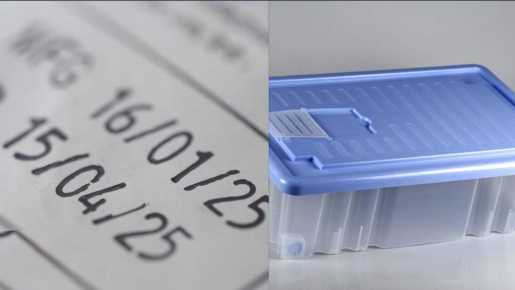 Contenitori di plastica usurati con segni di deterioramento visibili.