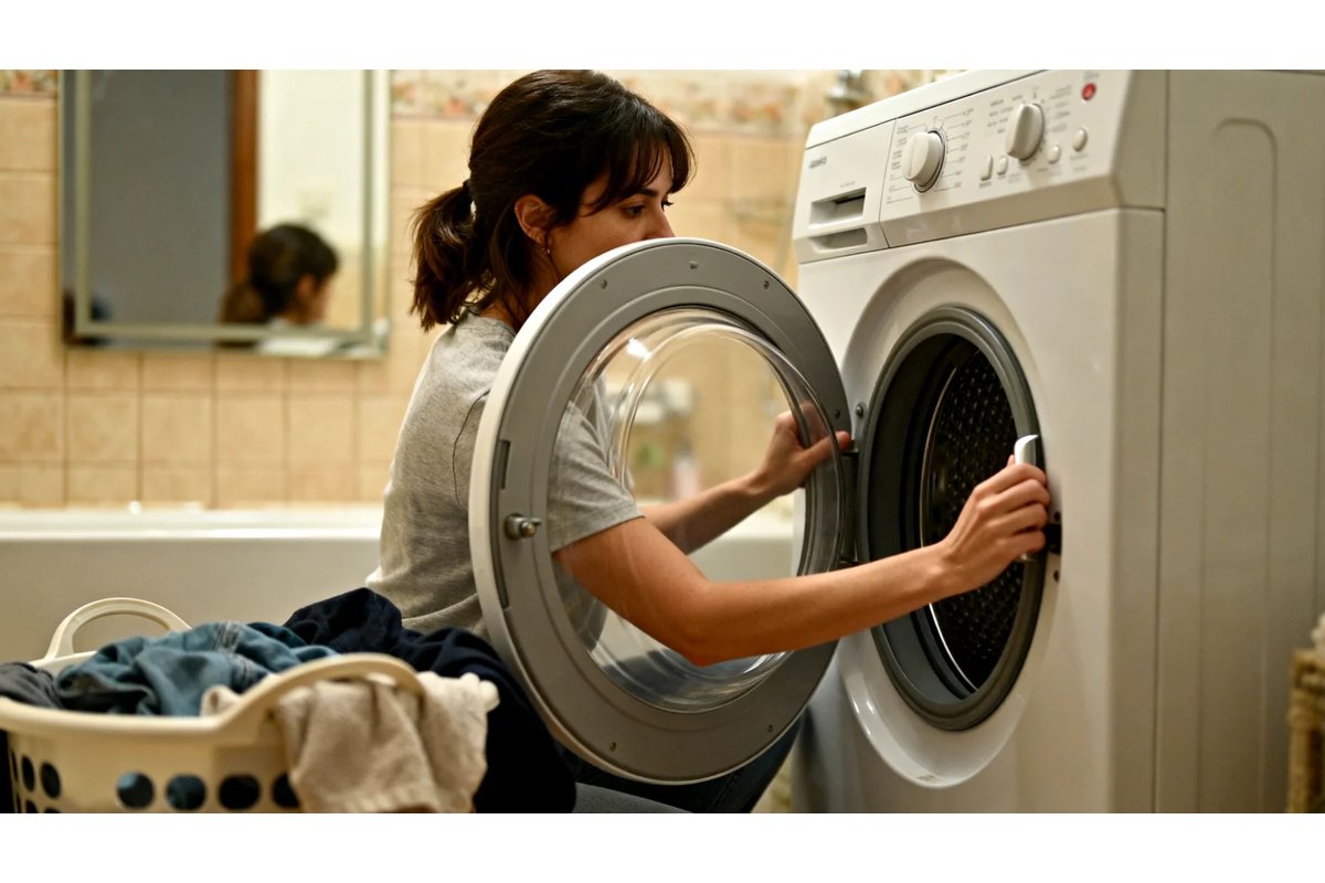 Tecnico che regola i piedini di una lavatrice per bilanciarla.